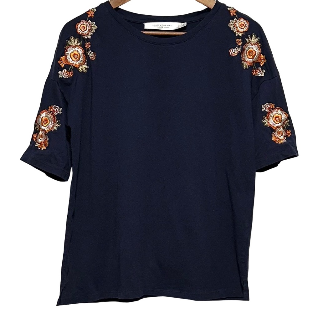 CONTEMPORAINE Floral Embroidered Tee Boho Folk Art Cottagecore